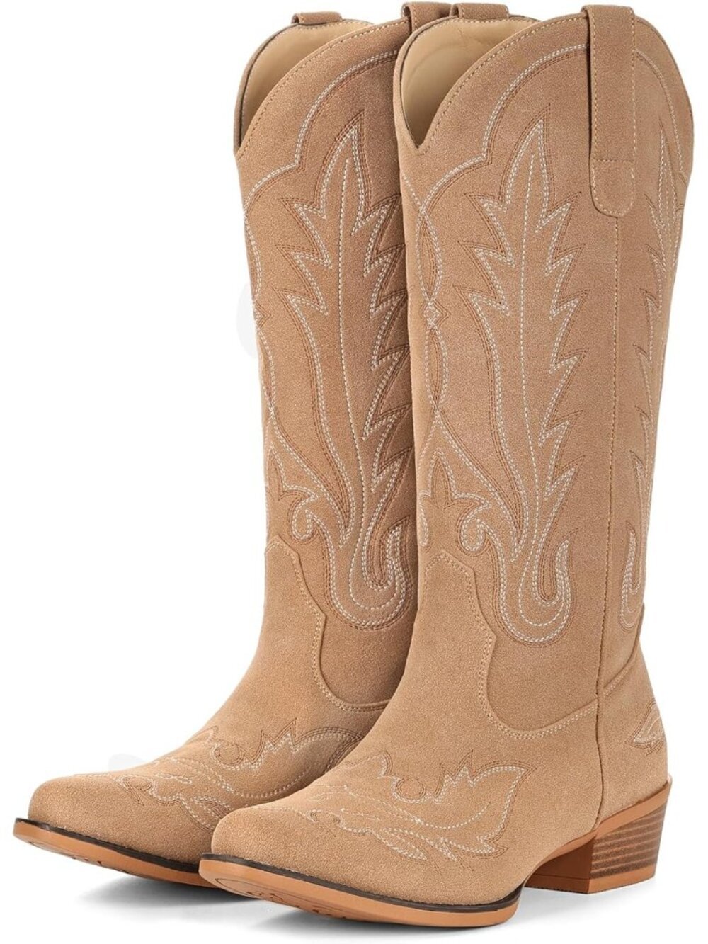 Women's Sand  Mid Calf Suede Snip Toe Chunky Heel Embroidered Western Boots